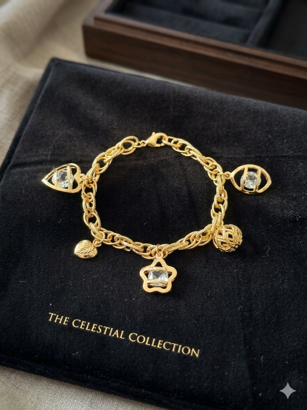 Hand Crafted Gold Charm Bracelet with Crystal Accents